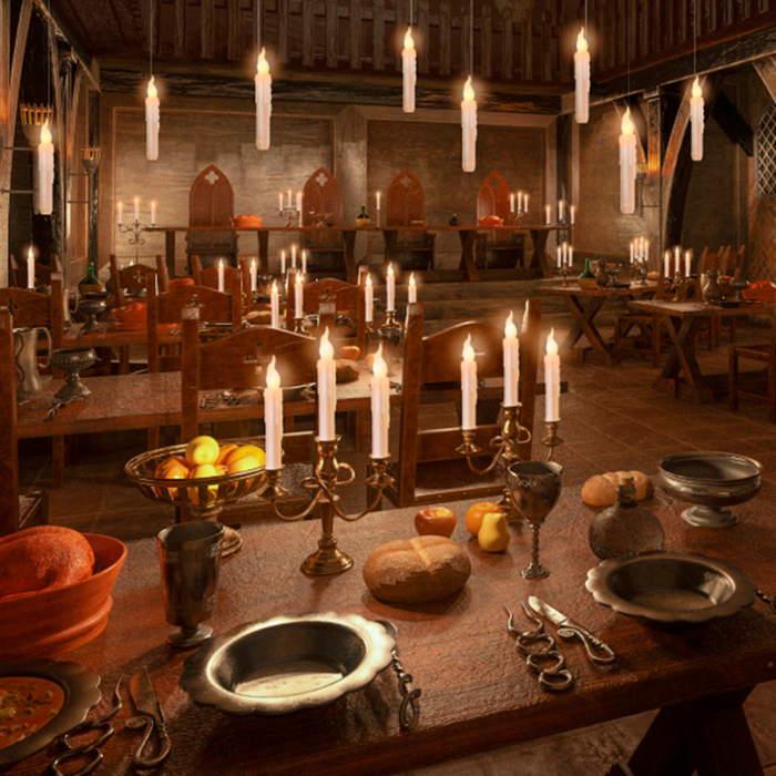 Floating Halloween Party Candles with a Whimsical Twist: black, dark brown floating candles in a grand hall, fantasy-themed d