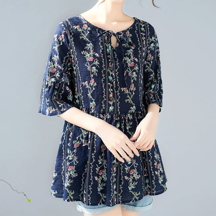 Floral Blouse with Cascading Ruffles for Women: navy blue, pink women's floral blouse/tunic, feminine floral bohemian style