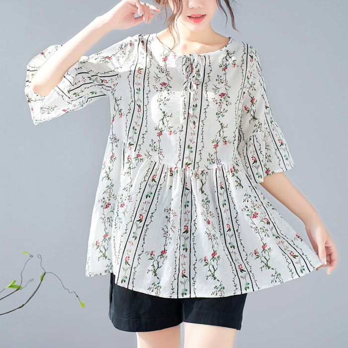 Floral Blouse with Cascading Ruffles for Women: navy blue, pink women's floral blouse/tunic, feminine floral bohemian style