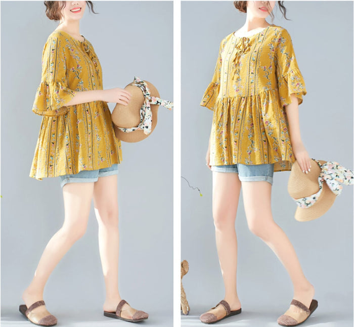 Floral Blouse with Cascading Ruffles for Women: navy blue, pink women's floral blouse/tunic, feminine floral bohemian style