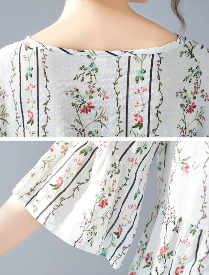 Floral Blouse with Cascading Ruffles for Women: navy blue, pink women's floral blouse/tunic, feminine floral bohemian style