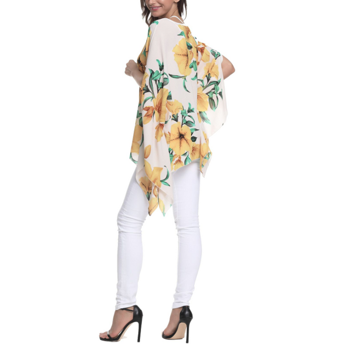 Floral Chiffon Batwing Top for Women: white, yellow yellow hibiscus-style floral print, floral bohemian style