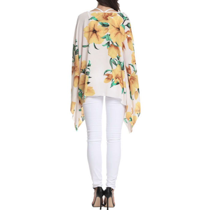 Floral Chiffon Batwing Top for Women: white, yellow yellow hibiscus-style floral print, floral bohemian style