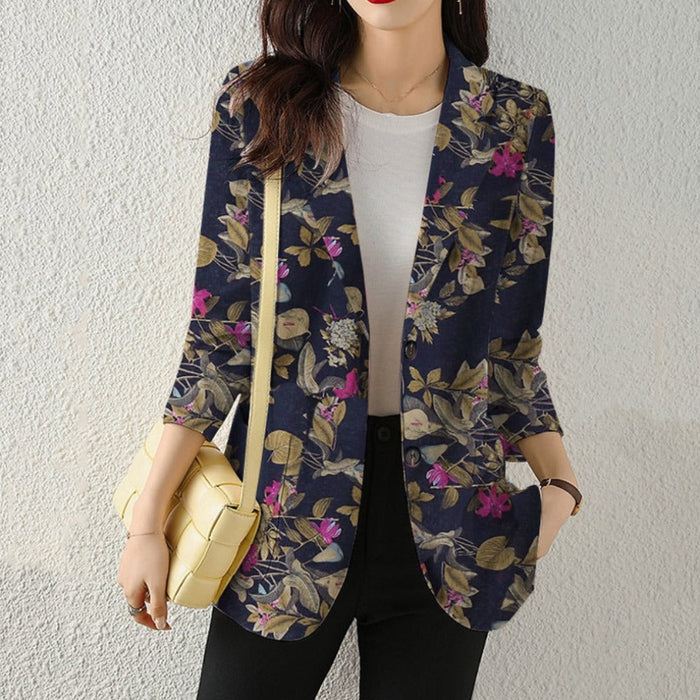 Floral Long Sleeve Blazer with Double Buttons for Women: navy blue, olive green blazer jacket, floral casual style