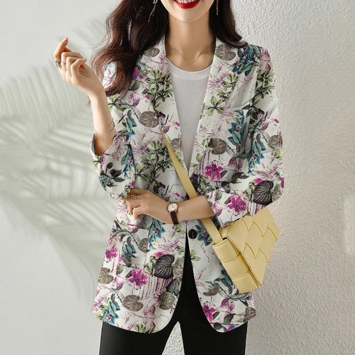Floral Long Sleeve Blazer with Double Buttons for Women: navy blue, olive green blazer jacket, floral casual style