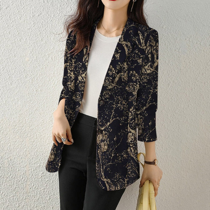 Floral Long Sleeve Blazer with Double Buttons for Women: navy blue, olive green blazer jacket, floral casual style