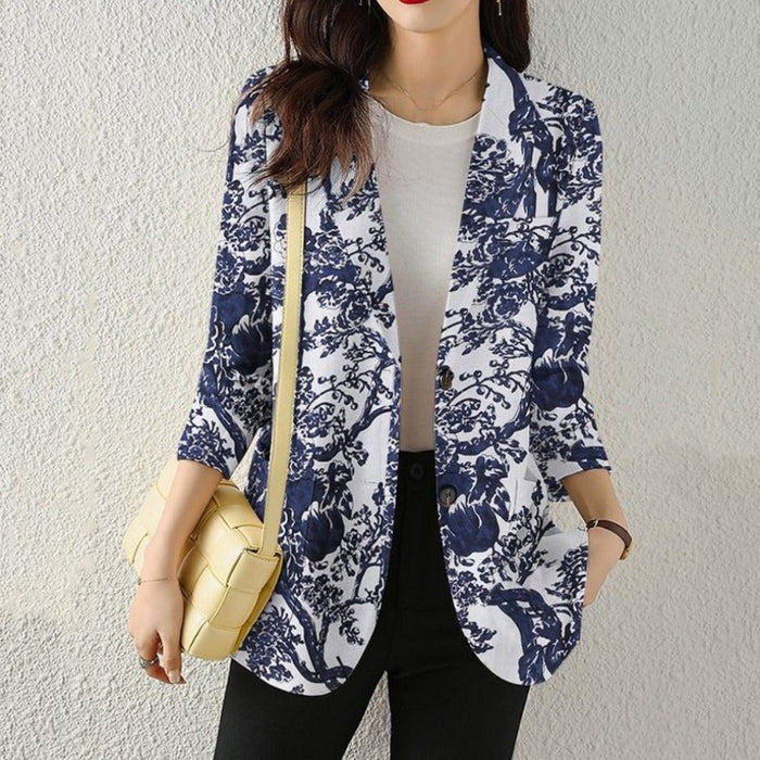 Floral Long Sleeve Blazer with Double Buttons for Women: navy blue, olive green blazer jacket, floral casual style