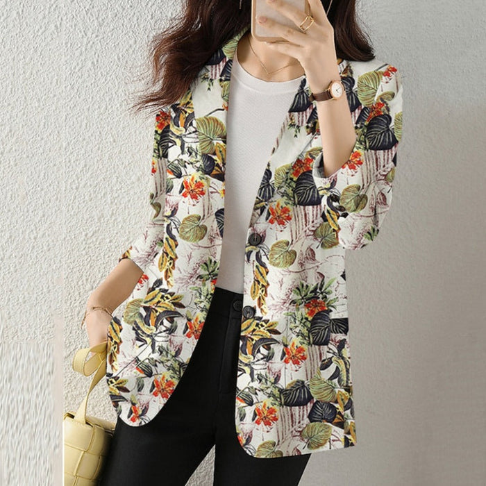 Floral Long Sleeve Blazer with Double Buttons for Women: navy blue, olive green blazer jacket, floral casual style
