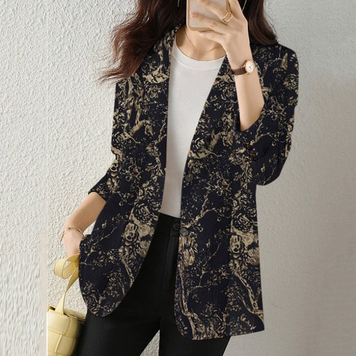 Floral Long Sleeve Blazer with Double Buttons for Women: navy blue, olive green blazer jacket, floral casual style