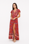 Floral Maxi Dress with V Neck and Wrap Design for Women Red