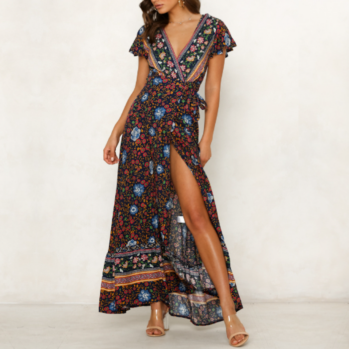 Floral Maxi Dress with V Neck and Wrap Design for Women: red, blue dress, bohemian style