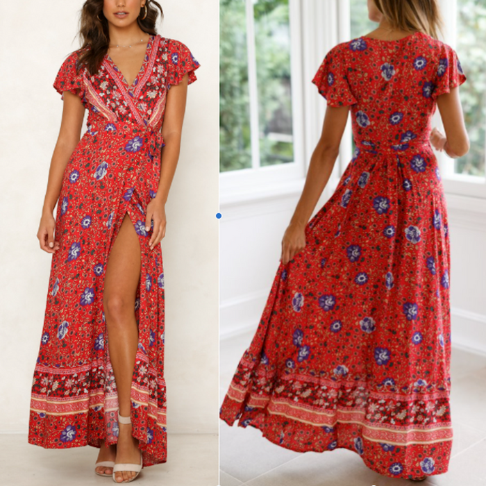 Floral Maxi Dress with V Neck and Wrap Design for Women: red, blue dress, bohemian style