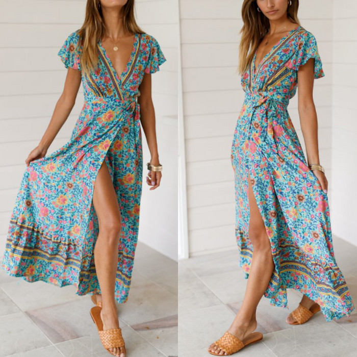 Floral Maxi Dress with V Neck and Wrap Design for Women: red, blue dress, bohemian style