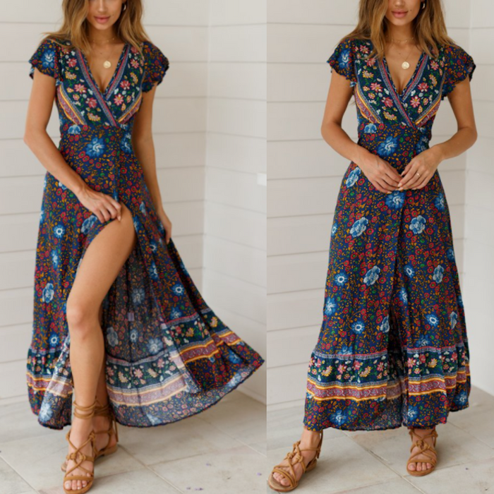 Floral Maxi Dress with V Neck and Wrap Design for Women: red, blue dress, bohemian style