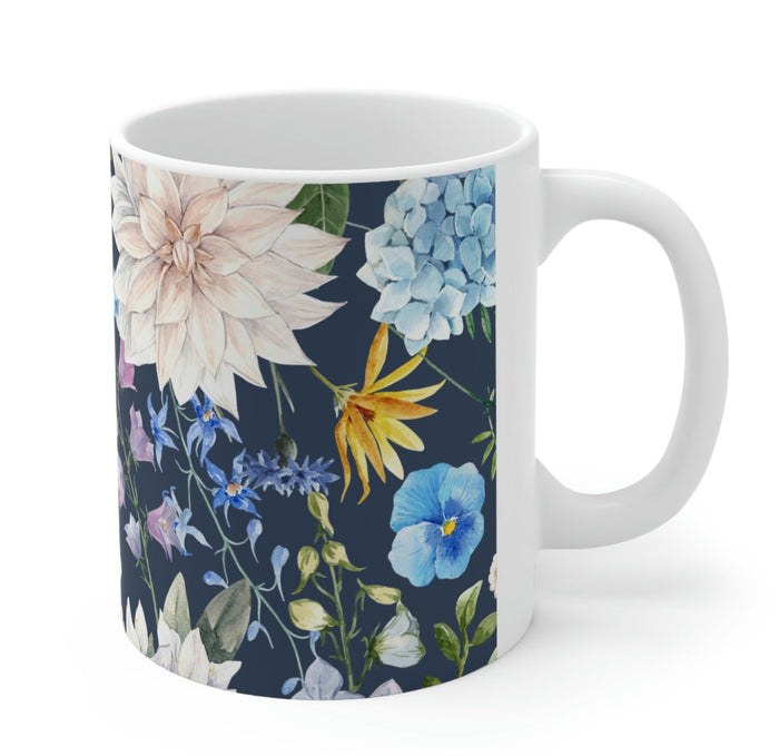 Floral Navy Mug for Coffee and Tea: white, dark navy blue floral botanical pattern, botanical illustration style
