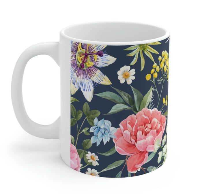 Floral Navy Mug for Coffee and Tea: white, dark navy blue floral botanical pattern, botanical illustration style