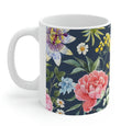 Floral Navy Mug for Coffee and Tea: white, dark navy blue floral botanical pattern, botanical illustration style