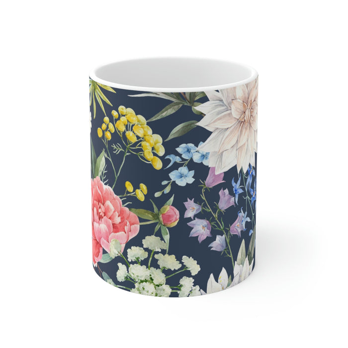 Floral Navy Mug for Coffee and Tea: white, dark navy blue floral botanical pattern, botanical illustration style