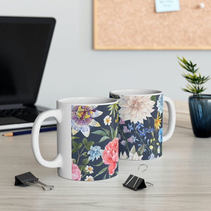 Floral Navy Mug for Coffee and Tea: white, dark navy blue floral botanical pattern, botanical illustration style