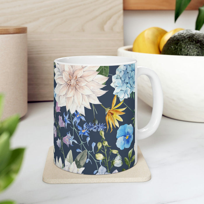 Floral Navy Mug for Coffee and Tea: white, dark navy blue floral botanical pattern, botanical illustration style