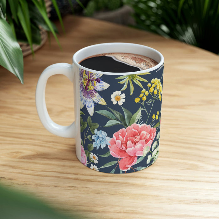 Floral Navy Mug for Coffee and Tea: white, dark navy blue floral botanical pattern, botanical illustration style