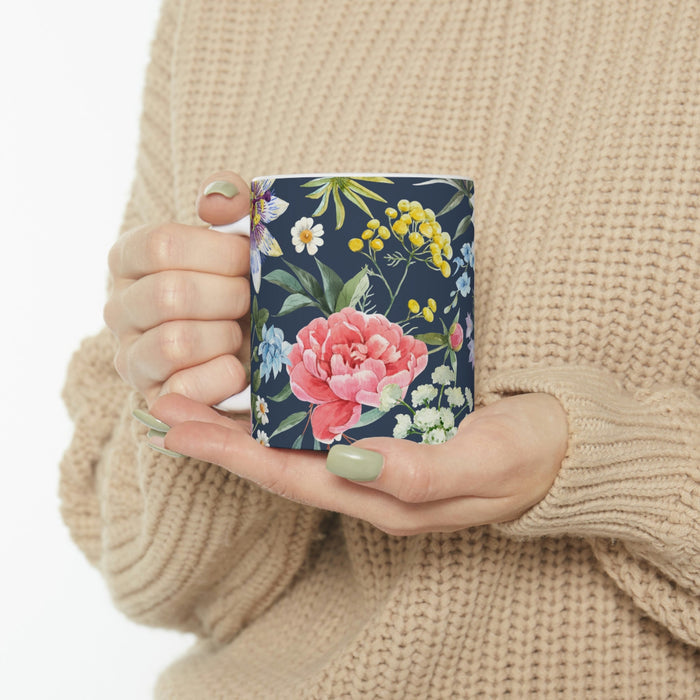 Floral Navy Mug for Coffee and Tea: white, dark navy blue floral botanical pattern, botanical illustration style