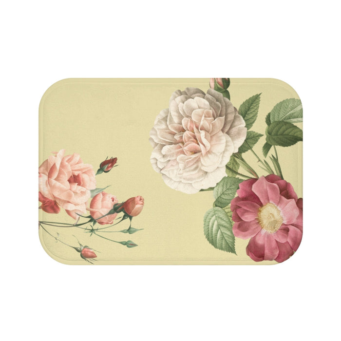 Floral Print Bath Mat, A Romantic Touch for Your Home: pale yellow, pink flowers, vintage botanical floral style