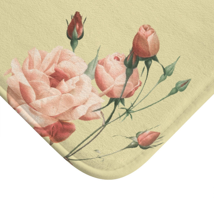 Floral Print Bath Mat, A Romantic Touch for Your Home: pale yellow, pink flowers, vintage botanical floral style