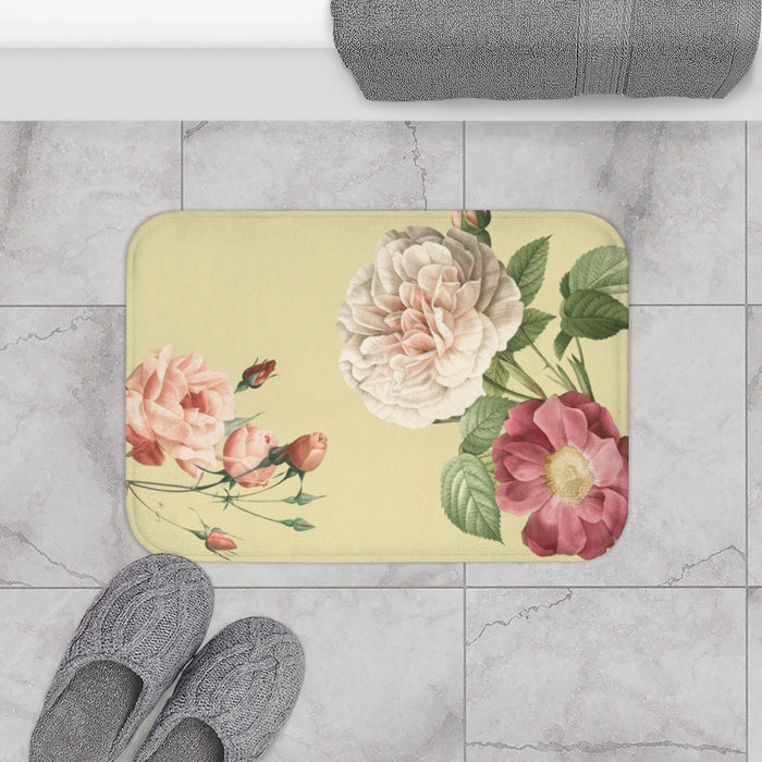 Floral Print Bath Mat, A Romantic Touch for Your Home: pale yellow, pink flowers, vintage botanical floral style