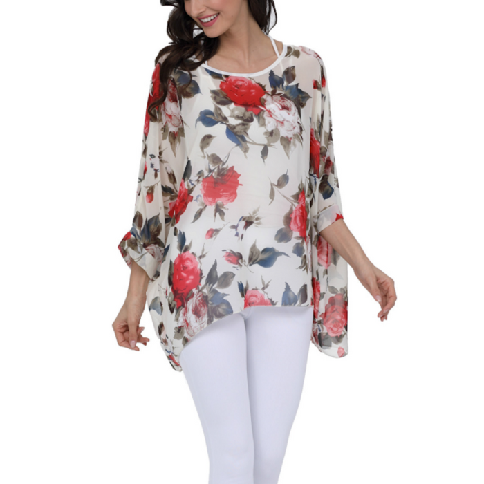 Floral Print Chiffon Top for Women: white, red floral theme, feminine floral style