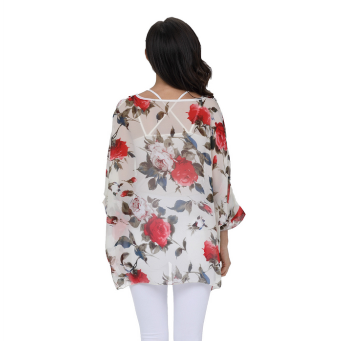 Floral Print Chiffon Top for Women: white, red floral theme, feminine floral style