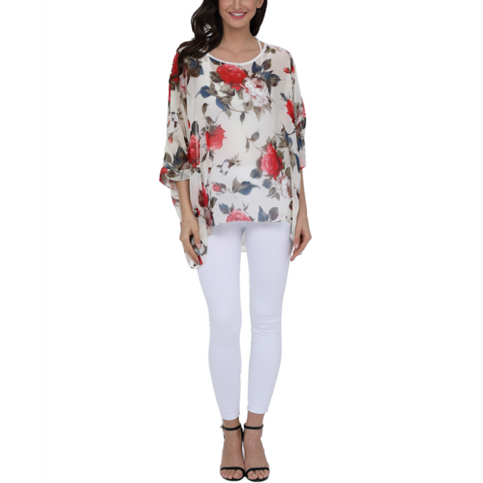 Floral Print Chiffon Top for Women: white, red floral theme, feminine floral style