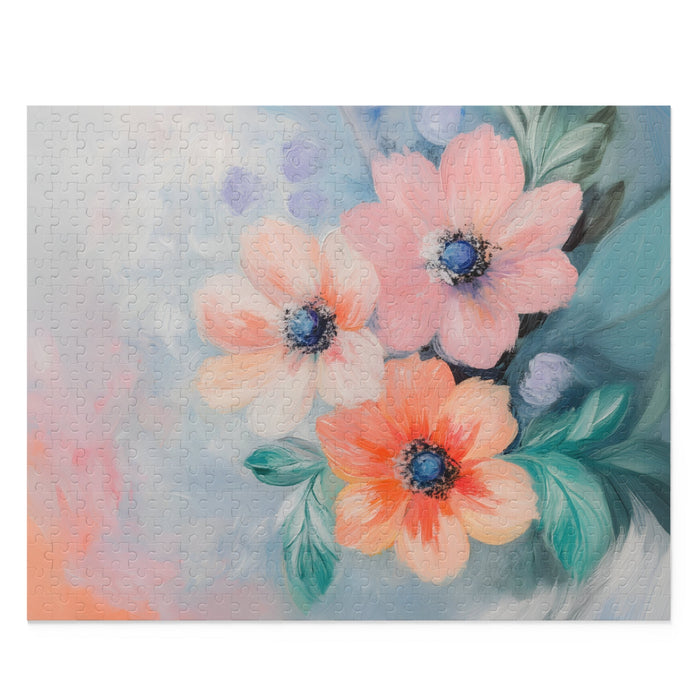 Floral Print Jigsaw Puzzle, Soft, 500 Pieces: pink, peach painted flowers, painterly floral style