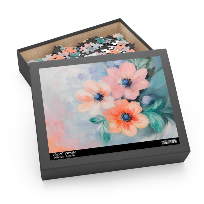 Floral Print Jigsaw Puzzle, Soft, 500 Pieces: pink, peach painted flowers, painterly floral style