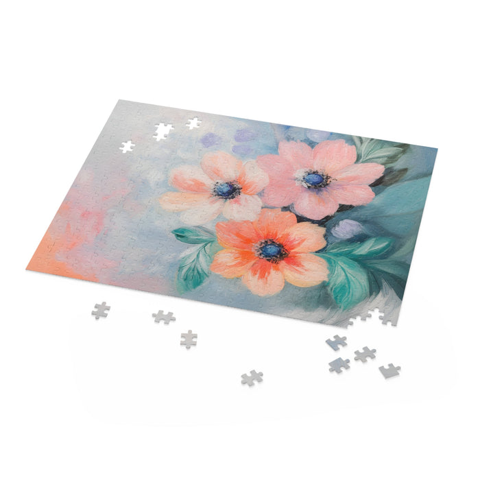 Floral Print Jigsaw Puzzle, Soft, 500 Pieces: pink, peach painted flowers, painterly floral style