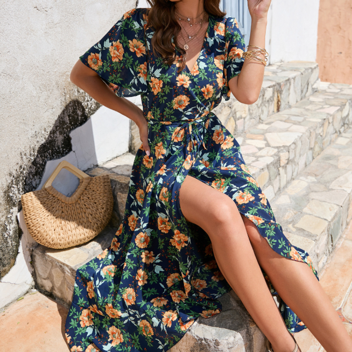 Floral Ruffle Wrap Dress for Women's Summer Fashion: navy blue, orange wrap-style maxi dress, floral bohemian casual style