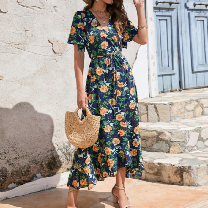 Floral Ruffle Wrap Dress for Women's Summer Fashion: navy blue, orange wrap-style maxi dress, floral bohemian casual style