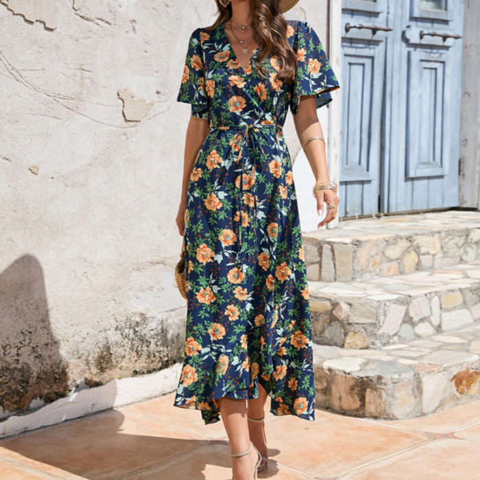 Floral Ruffle Wrap Dress for Women's Summer Fashion: navy blue, orange wrap-style maxi dress, floral bohemian casual style