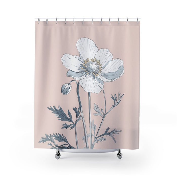Floral Shower Curtain with a Soft Pastel Bloom Design: pale blush pink, white floral, minimal botanical illustration style