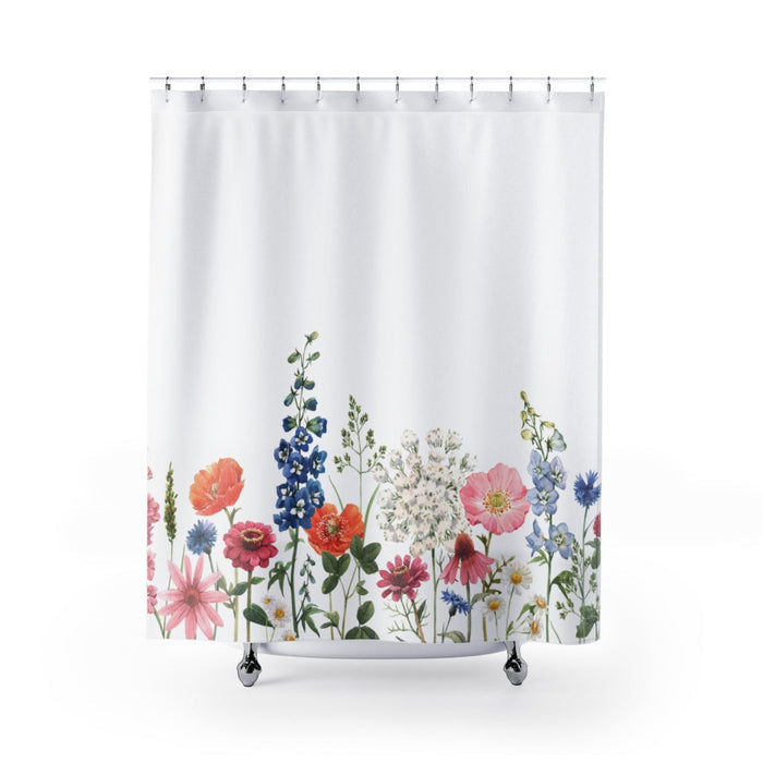 Floral Shower Curtains for Springtime Home Decor: white, green wildflower garden, botanical illustration style