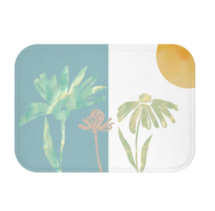 Floral Sun Abstract Bath Mat: teal blue, white floral botanical theme, minimal botanical illustration style