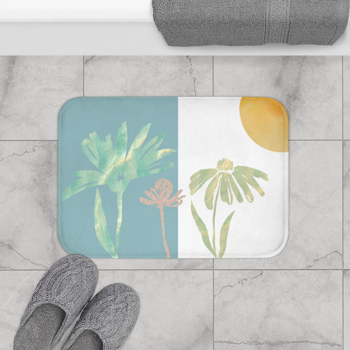 Floral Sun Abstract Bath Mat: teal blue, white floral botanical theme, minimal botanical illustration style