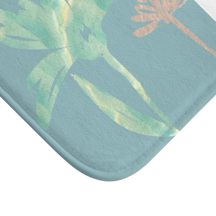 Floral Sun Abstract Bath Mat: teal blue, white floral botanical theme, minimal botanical illustration style