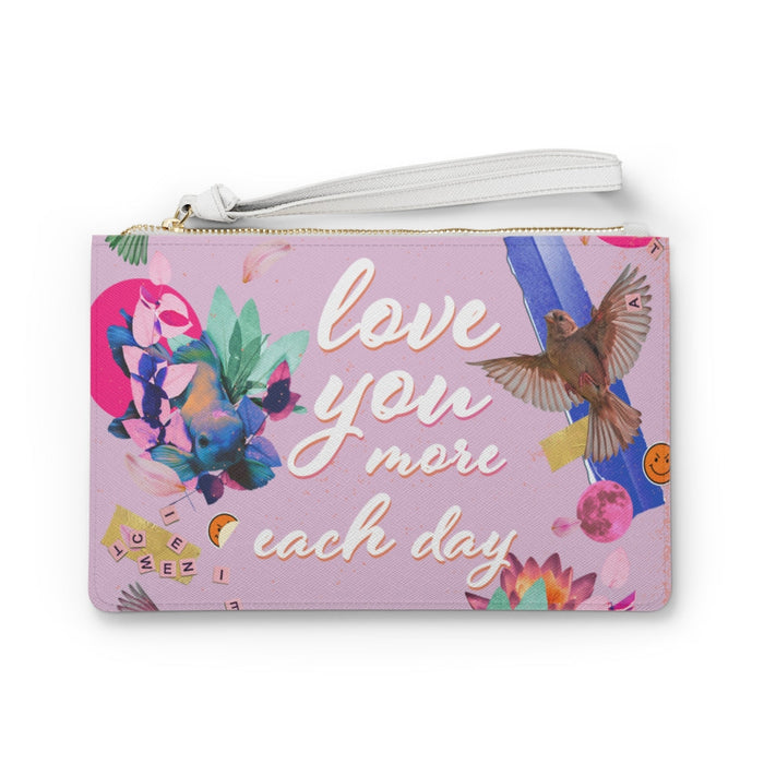 Floral Vegan Clutch Bag with Lovelier You: pink, white floral and bird theme, colorful collage, feminine style