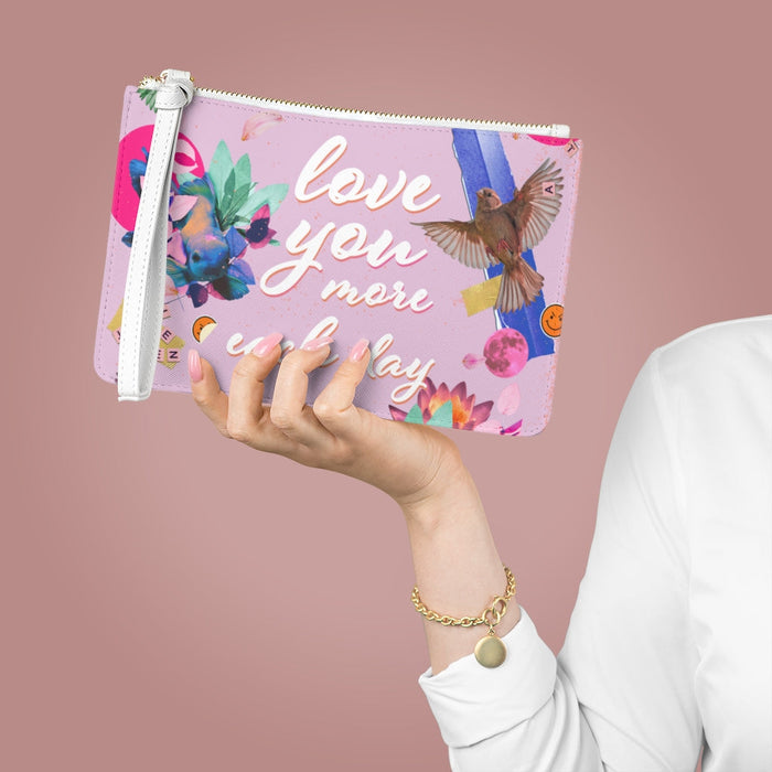 Floral Vegan Clutch Bag with Lovelier You: pink, white floral and bird theme, colorful collage, feminine style