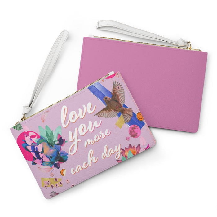Floral Vegan Clutch Bag with Lovelier You: pink, white floral and bird theme, colorful collage, feminine style