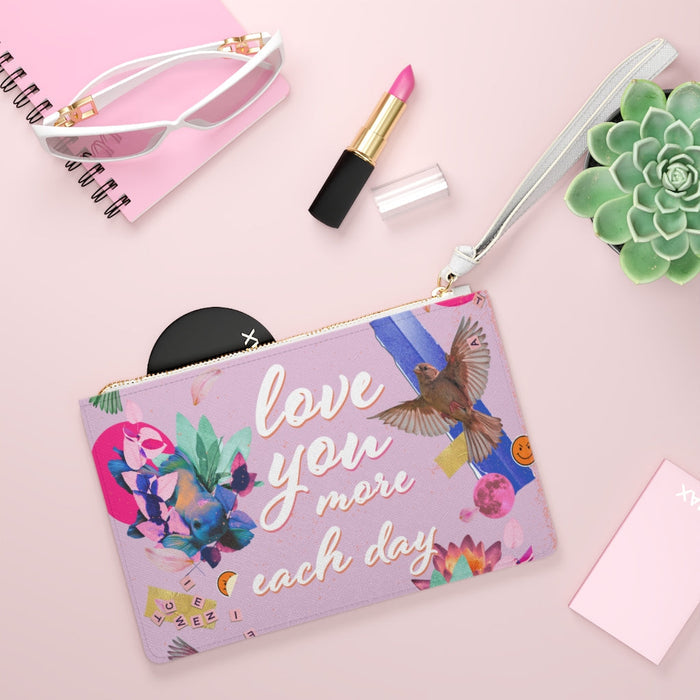 Floral Vegan Clutch Bag with Lovelier You: pink, white floral and bird theme, colorful collage, feminine style