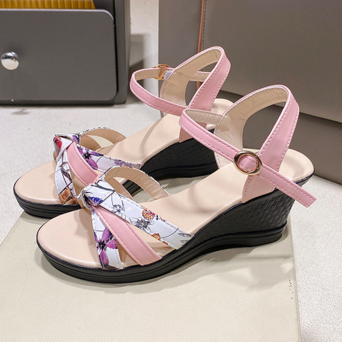 Floral Wedge Sandals for Women: pink, cream women's wedge sandals, feminine floral casual style