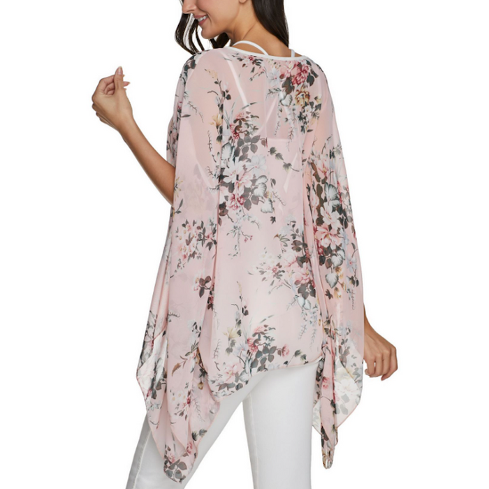 Flowing Chiffon Tunic for Women Featuring a Delicate Floral Pattern: pale pink, white floral botanical print, feminine bohemi