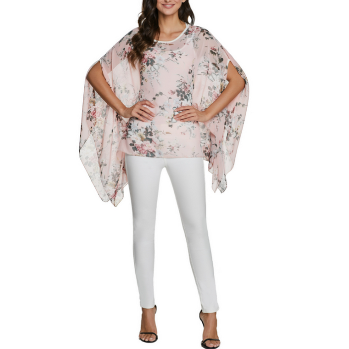 Flowing Chiffon Tunic for Women Featuring a Delicate Floral Pattern: pale pink, white floral botanical print, feminine bohemi